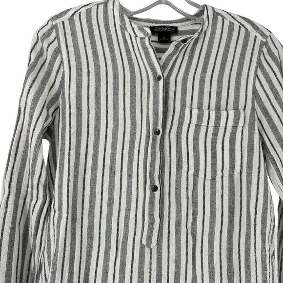 Lucky Brand Top Striped Long Sleeve Roll Tab Size S Black White Bohemian Casual - Picture 3 of 6